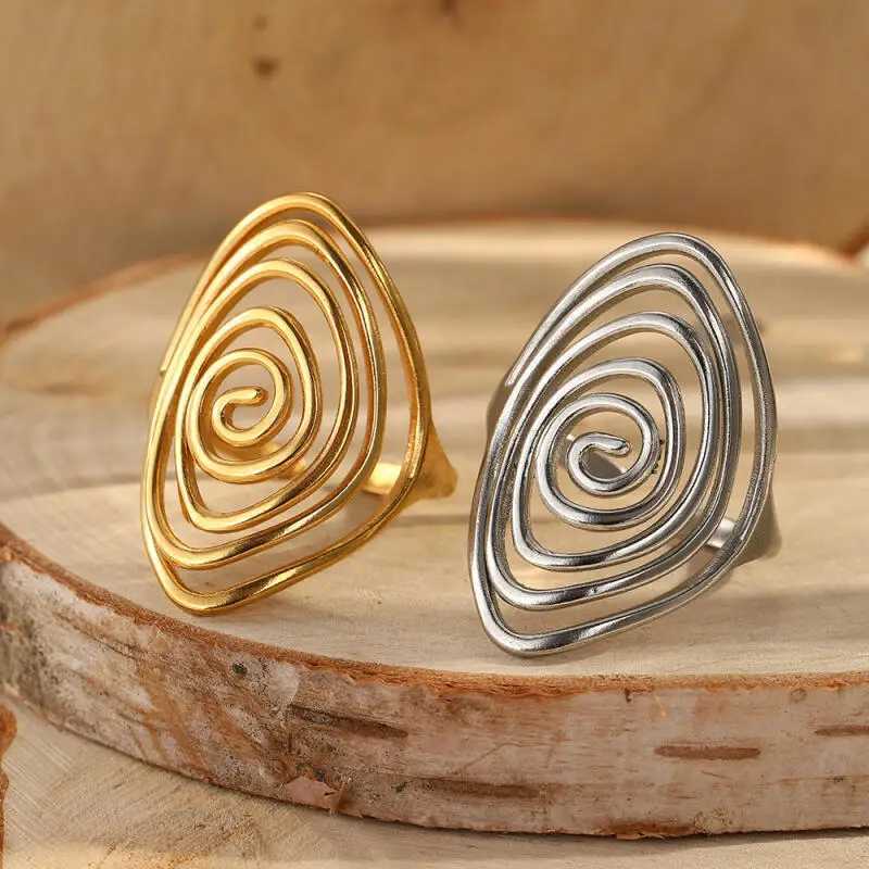 Stainless Steel Geometric Spiral Line Open Ring for Women Men Boho Exggerated Adjustable Oval Large Ring Holiday Jewelry Gifts H260327