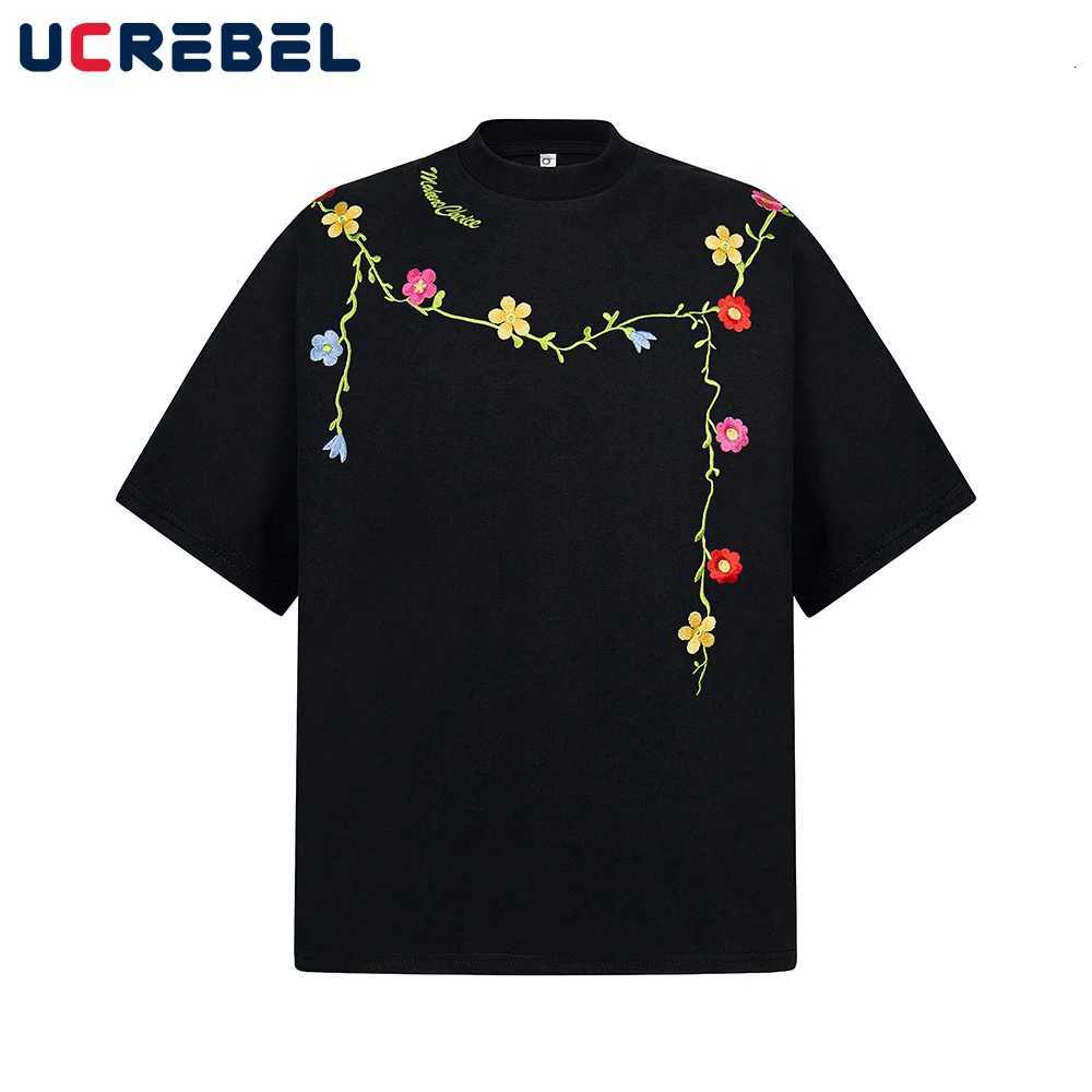 Flower Vine Embroidery Short Sleeve T-shirt Mens Retro High Street Summer Cotton Loose Crew Neck Half-Sleeve Tee Men Tshirt C260326