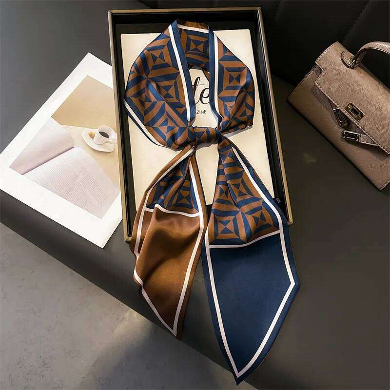 New 14x147cm Narrow Silk Scarves Shirt Neckerchief Double-layered Checkered Pattern Women Tie Neck Bag Hair Headband Headscarf 26Y0327