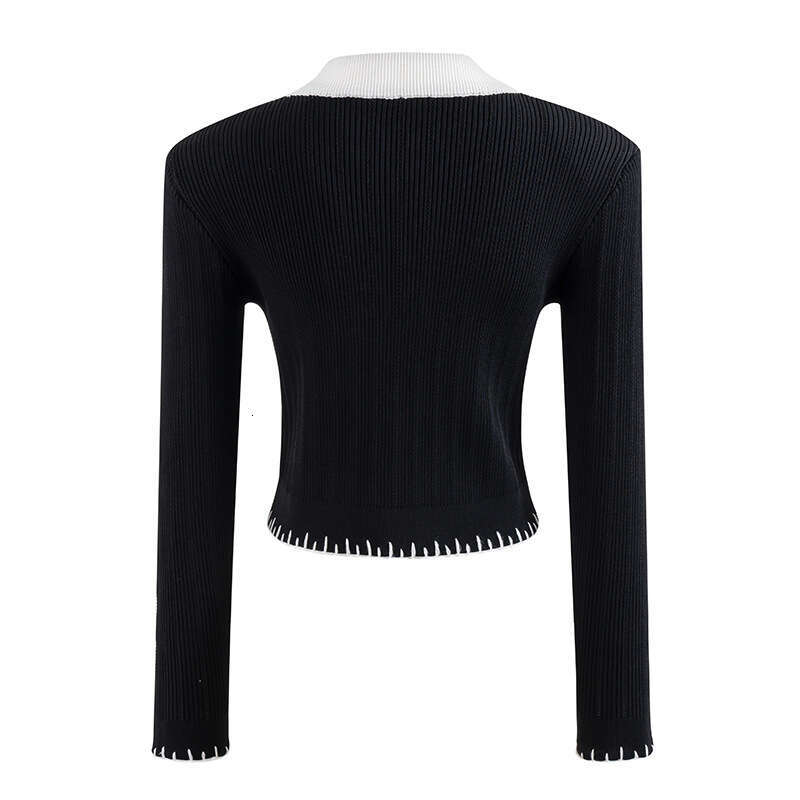 2026 early spring new designer elegant round neck CC contrasting hem lace c1 trimmed slim knit cardigan top