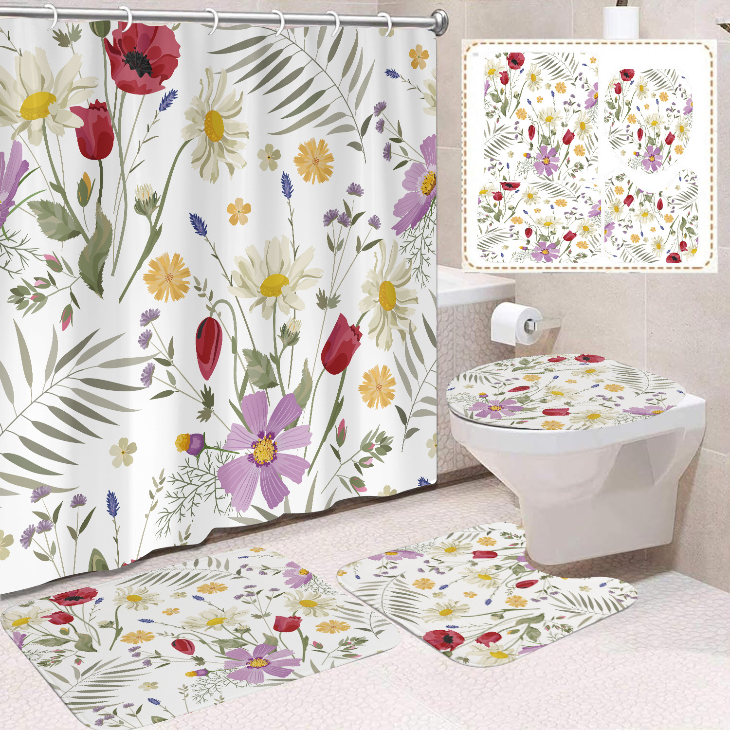 YL-38402 Floral Shower Curtain and Mat Set (4 Pieces) - Bathroom Dry and Wet Separation, Toilet Isolation Curtain, Modern Minimalist Style