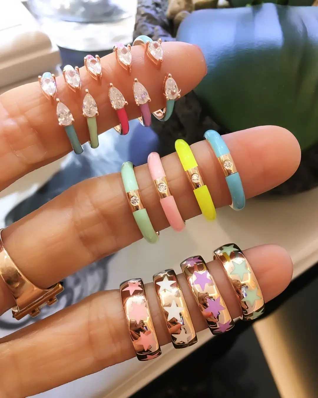 Water Drop CZ Pastel Enamel Open Rings Adjustable Paved Cubic Zirconia Gold Plated Color for Women Fashion Jewelry Anillos Mujer H260327