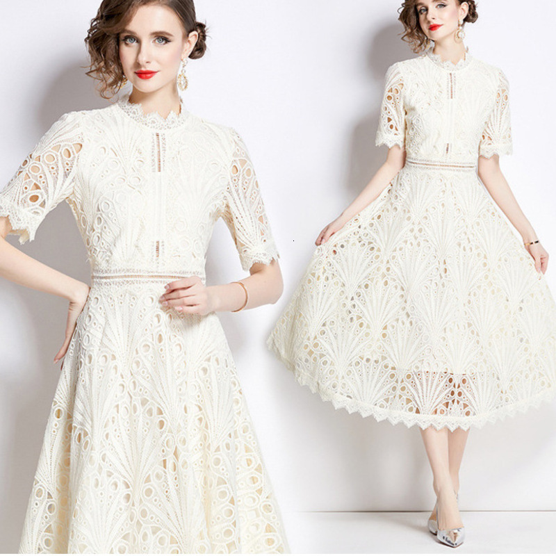 Free Shipping Woman Clothing Elegant Lace Dresses Short Sleeve Summer Womens Dress Crochet Embroidery Design Slim Style Designer Lady Luxurious Stylis