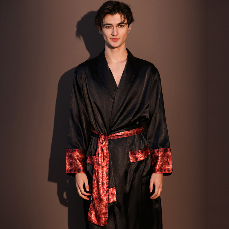 Bathrobe Men's Ice Silk Robe Designer 2026 New Spring Autumn Summer Thin Long Sleeved Long Bathrobe Loungewear Sleepwear For Home Use