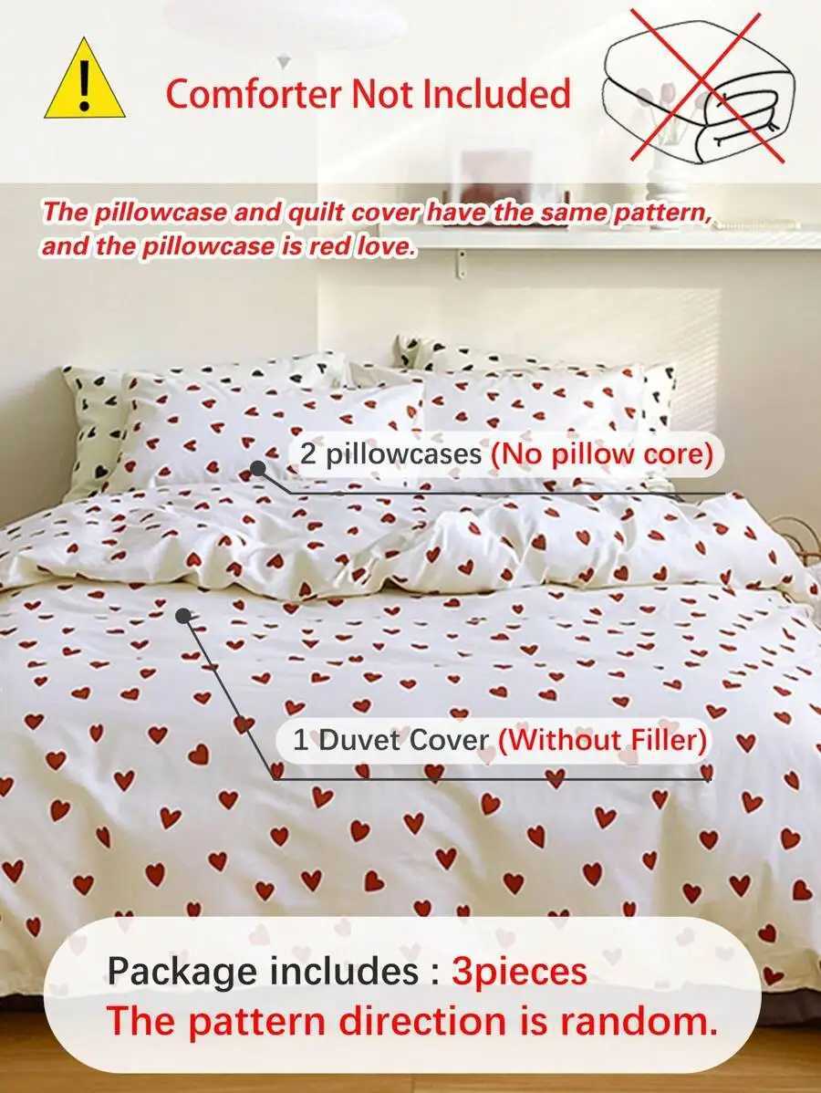 3-Piece Heart Print Duvet Cover Set - Soft Cotton Romantic Bedroom Decor H260327