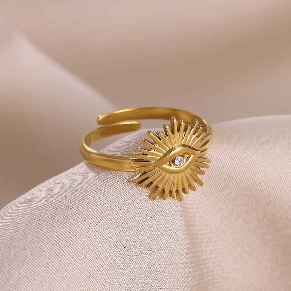 Stainless Steel Tiny Zircon Rings For Women Exquisite Gold Color Sun Double-Layer Ring Punk Hip-Hop Accessory Bague Jewelry Gift H260327