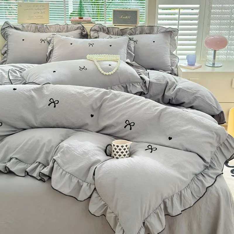 French Ins Princess Style Lace Four-piece Set Washed Cotton Embroidered Quilt Cover Set Bow Girly Heart Bed Sheet Three-piece H260327