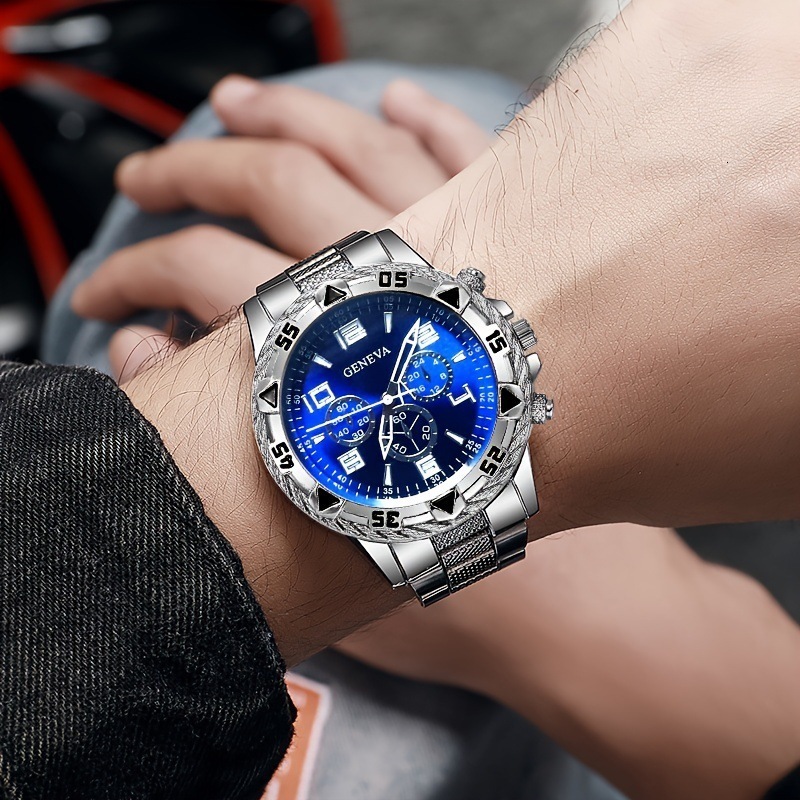 Blue light glass student watch fashionable sports steel band fake threeeye mens quartz watch 250916