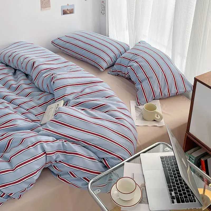 Simple Style Red And Blue Strip Duvet Cover Set Bed Sheet Set Washed Cotton Bedding Set H260327
