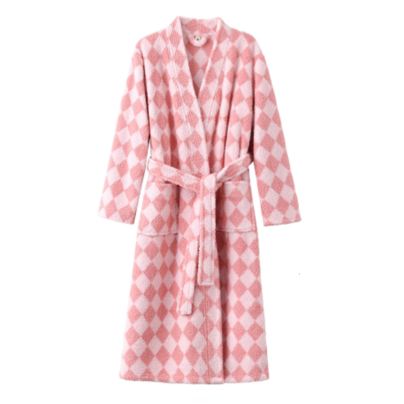 Bathrobe Women Coral Fleece Loungewear Nightgown Winter Long Thickened Half Fleece Plaid Texture V Neck Tie Waist