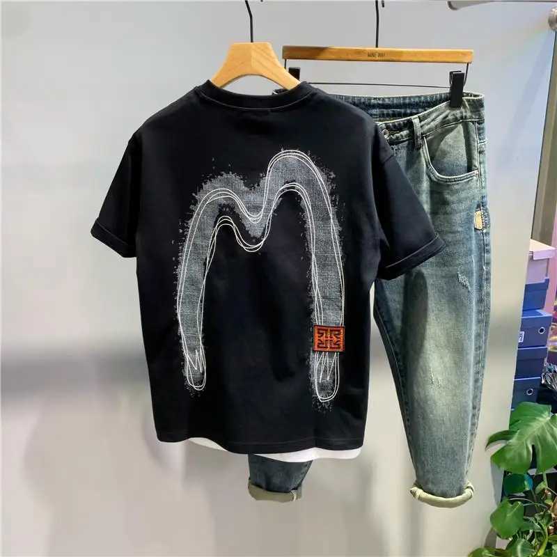 Letter Round Neck Short-sleeved T-padded Casual Mens Handsome High-end Half-sleeved Top C260326