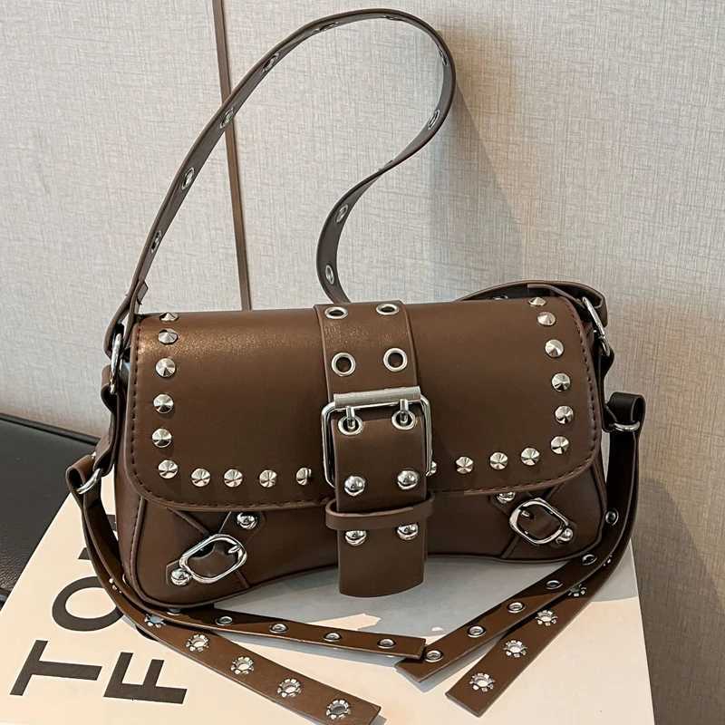 SHELKSBAG Y2k Rivet Design Shoulder Bags for Women Hot Cool Girls PU Leather Underarm Bag Vintage Female Phone Handbags Purse C260327