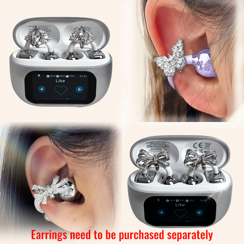 MGALL Earbuds Top earrings butterfly Headphones Design with LCD Full Color Touch Screen Audio Wireless for Music Phone Calls with earrings Bow tie Pet