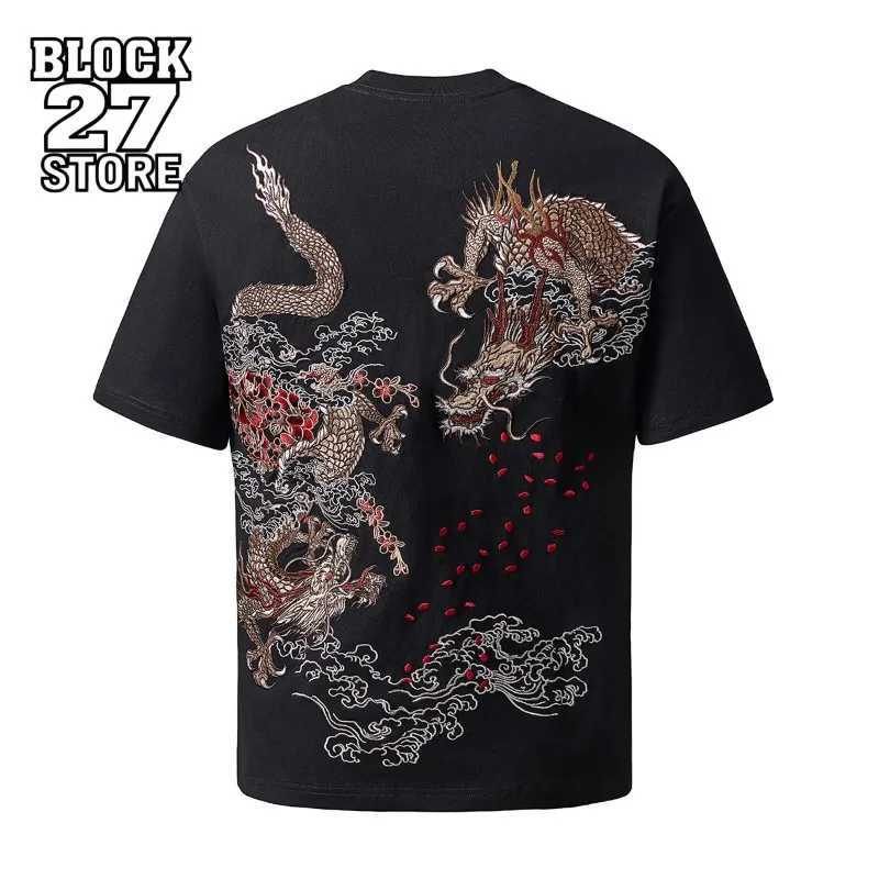 Mens T Shirt Harajuku Chinese Style Streetwear Flying Dragon Heavy Embroidery Cotton Tee Drop Shoulder Loose Fit Short Summer C260326
