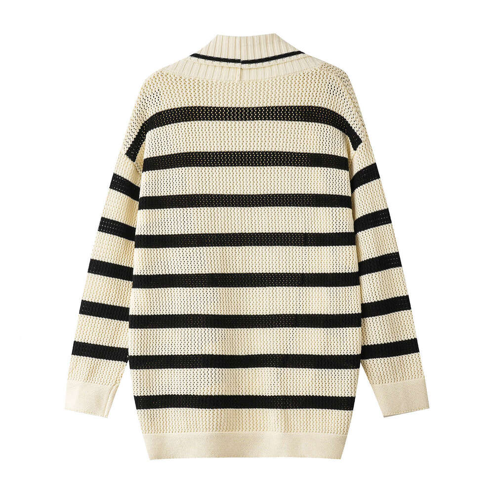 2026 autumn new slim fit waist long sleeved knitted CC sweater women's striped D19 color blocked tie medium length cardigan wool sweater