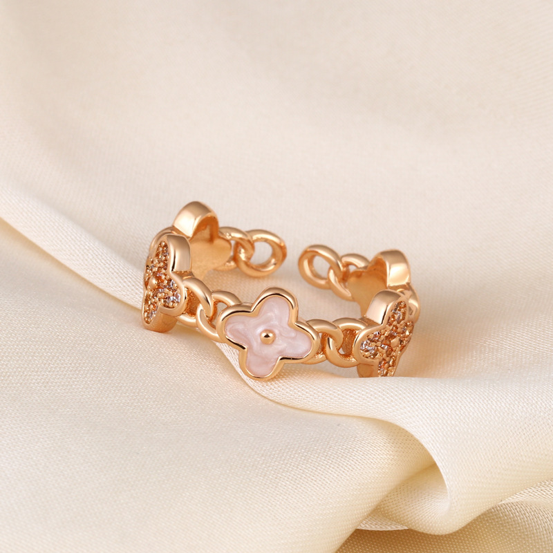 European American Style 18K Gold Plated Natural Clover Ring Light Luxury Jewelry Elegant Open Ring
