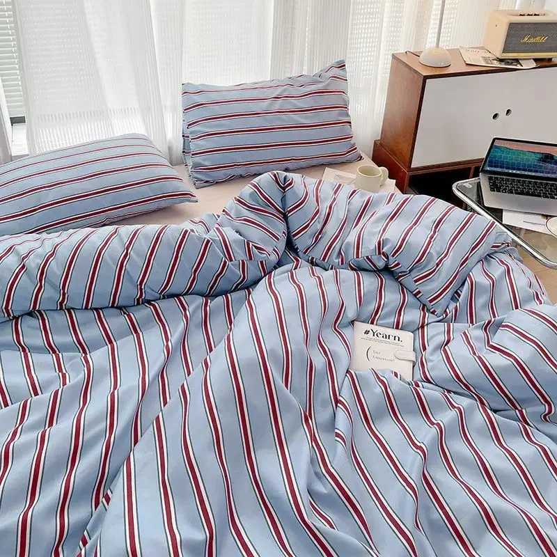Simple Style Red And Blue Strip Duvet Cover Set Bed Sheet Set Washed Cotton Bedding Set H260327