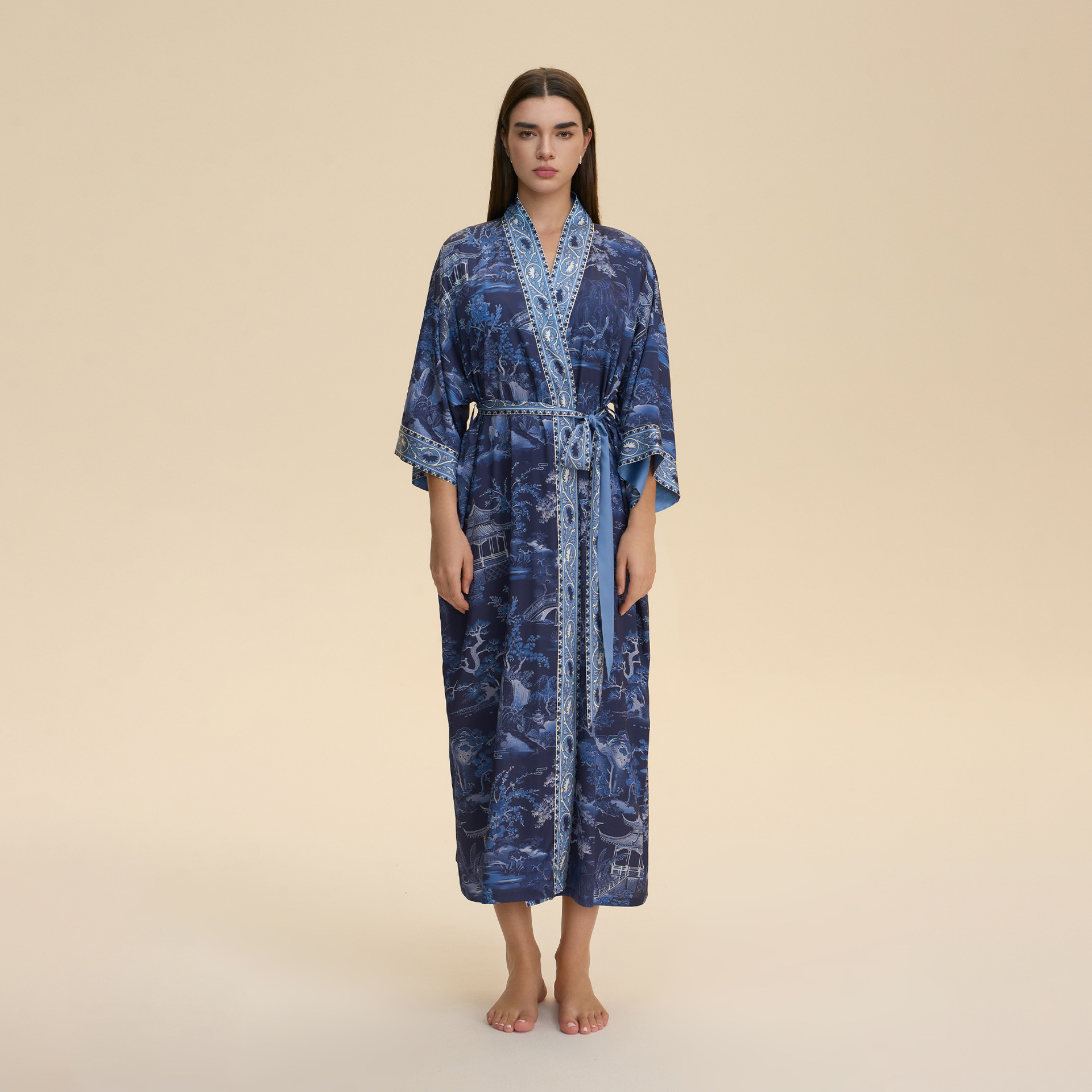 Bathrobe Women Long Sleeved Long Length Tie Waist Loose Comfortable Kimono Style Printed Pajamas Loungewear