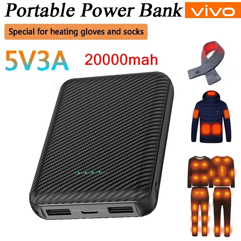 VIVO 20000mAh PowerBank USB Charger Fast Charging Portable External Battery Pack Heating Vest Jacket Scarf Socks Glove Equipment 260326