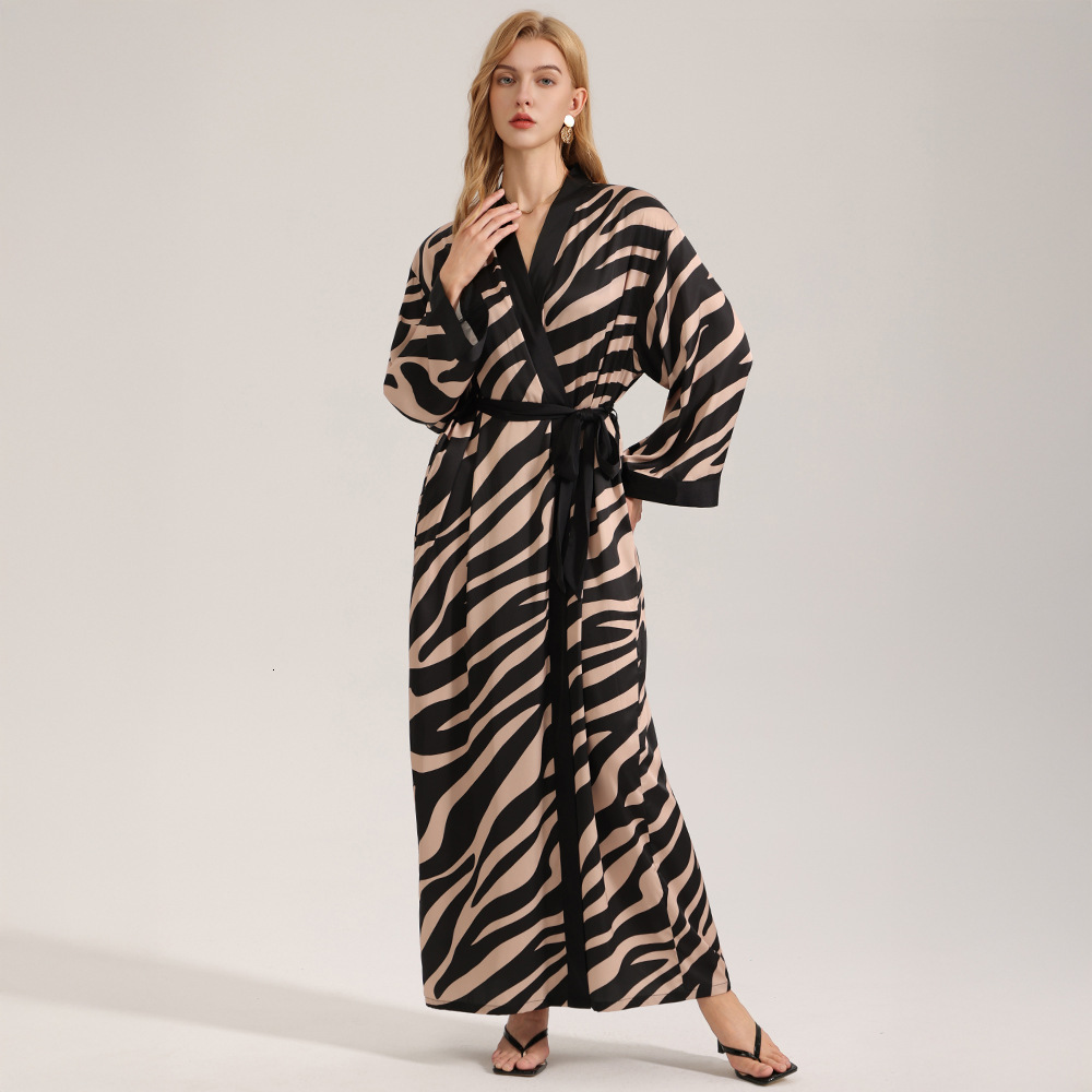 Pajama Robe European American Chiffon Women Pajamas Autumn Long Sleeve Zebra Pattern Breathable Single Robe Loungewear For Women