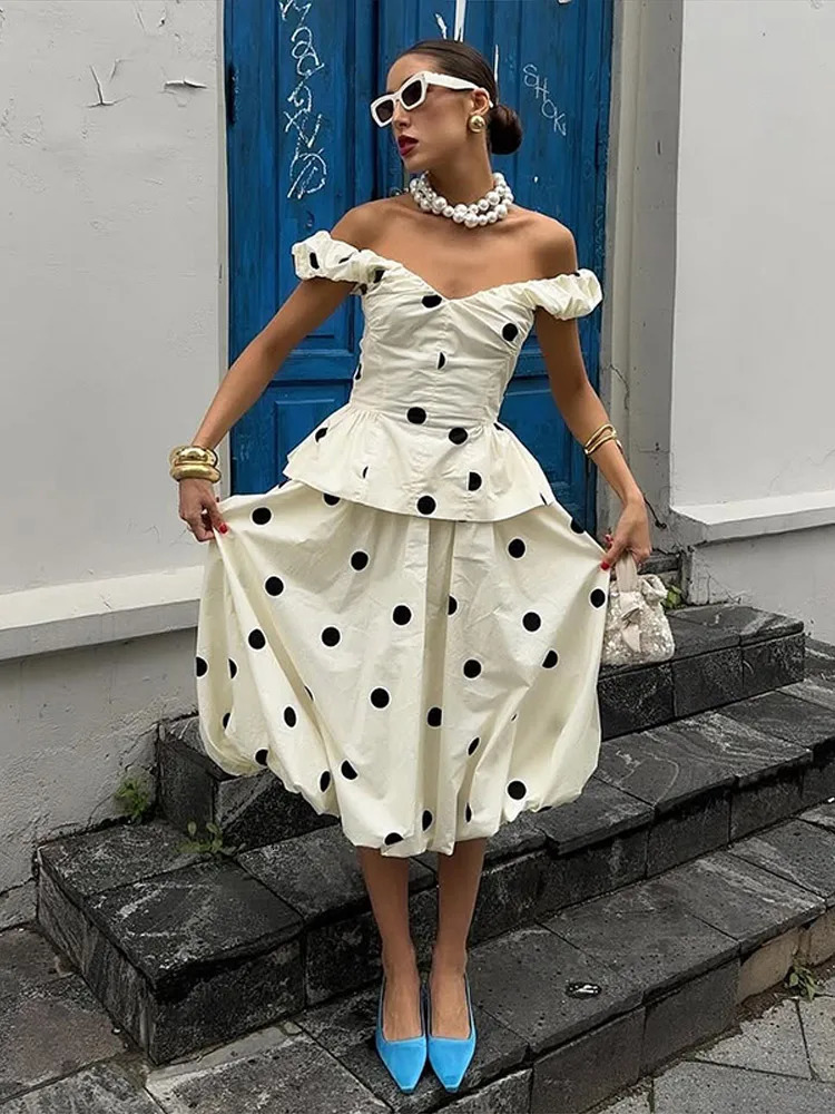 Women Polka Dot Top Long Skirt 2 Piece Set Elegant V-neck Sleeveless Slim Top High Waist Pleated Loose Skirt Suit Lady Daily Set 260326