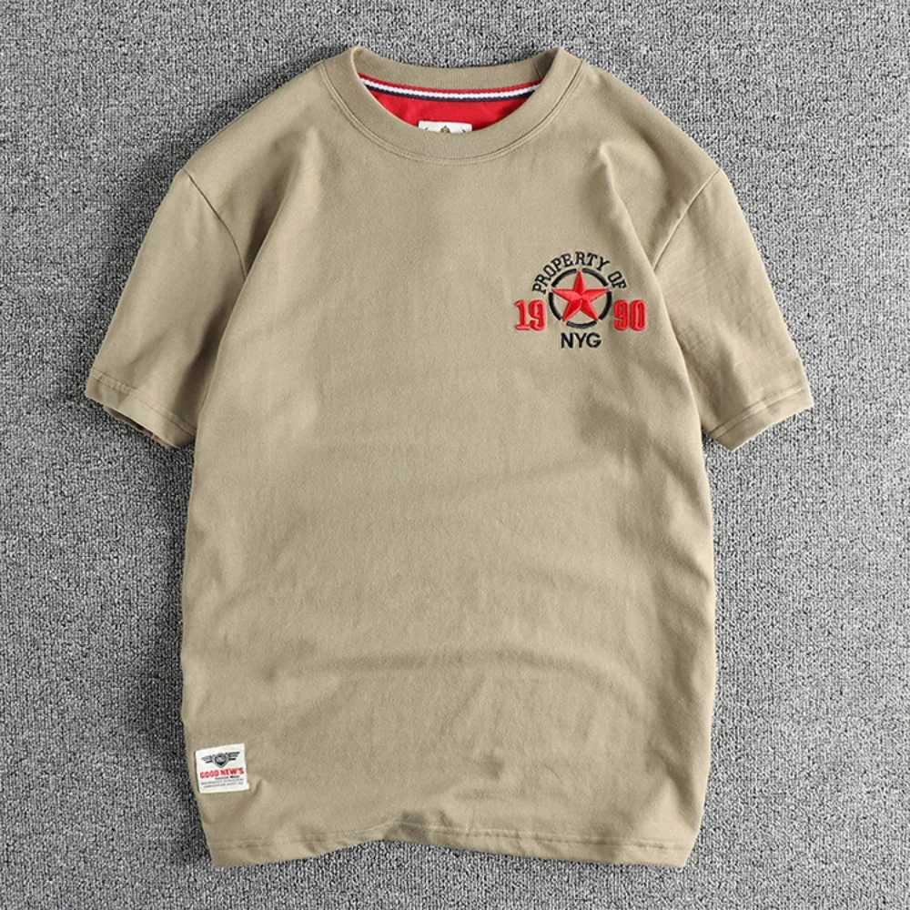 Embroidery five-pointed star pattern short-sleeved T-shirt men washed wool cotton comfortable round neck blouse C260326