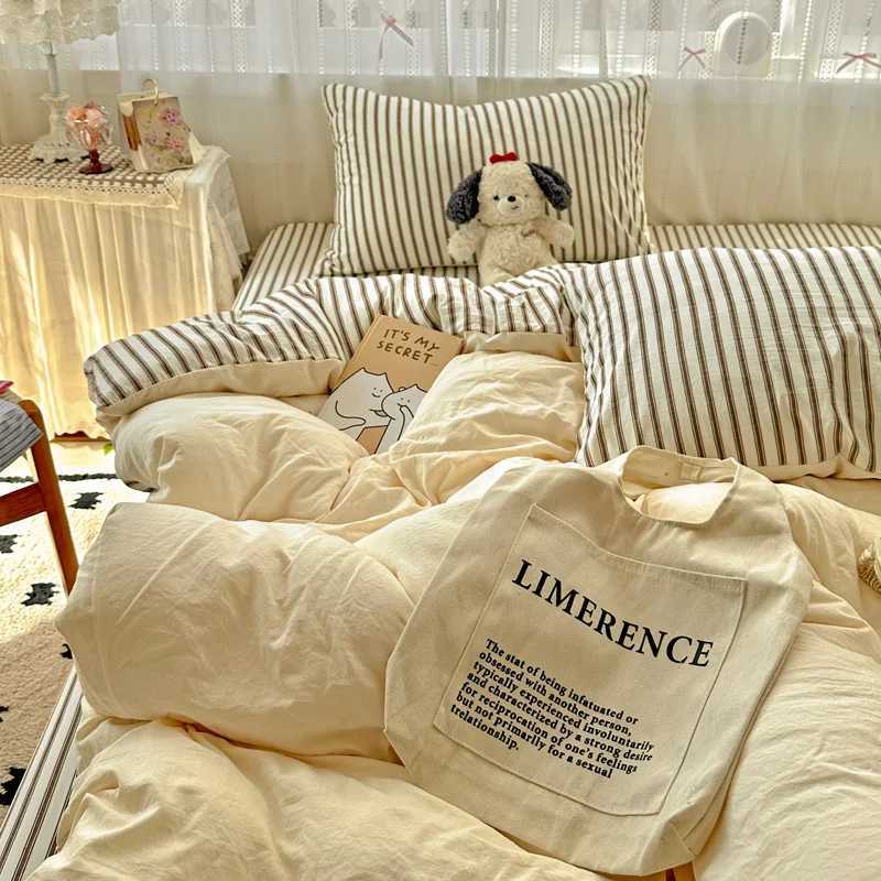 Striped Bedding Set Korean Style Duvet Cover Set Flat Sheets Set Single Twin Double Size Bed Linen Set Back To School Season H260327