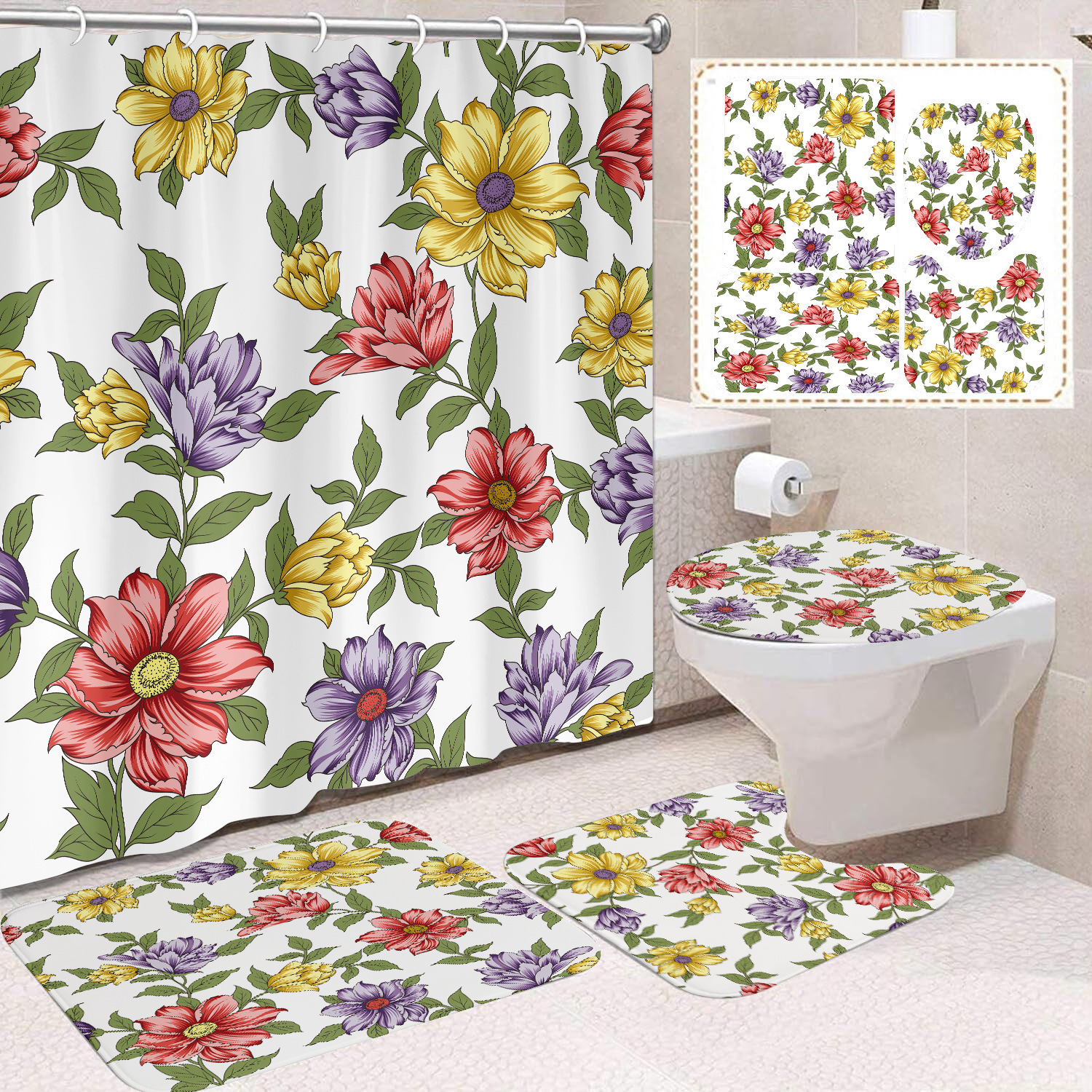 YL-38400 Floral Shower Curtain and Mat Set (4 Pieces) - Bathroom Dry and Wet Separation, Toilet Isolation Curtain, Modern Minimalist Style