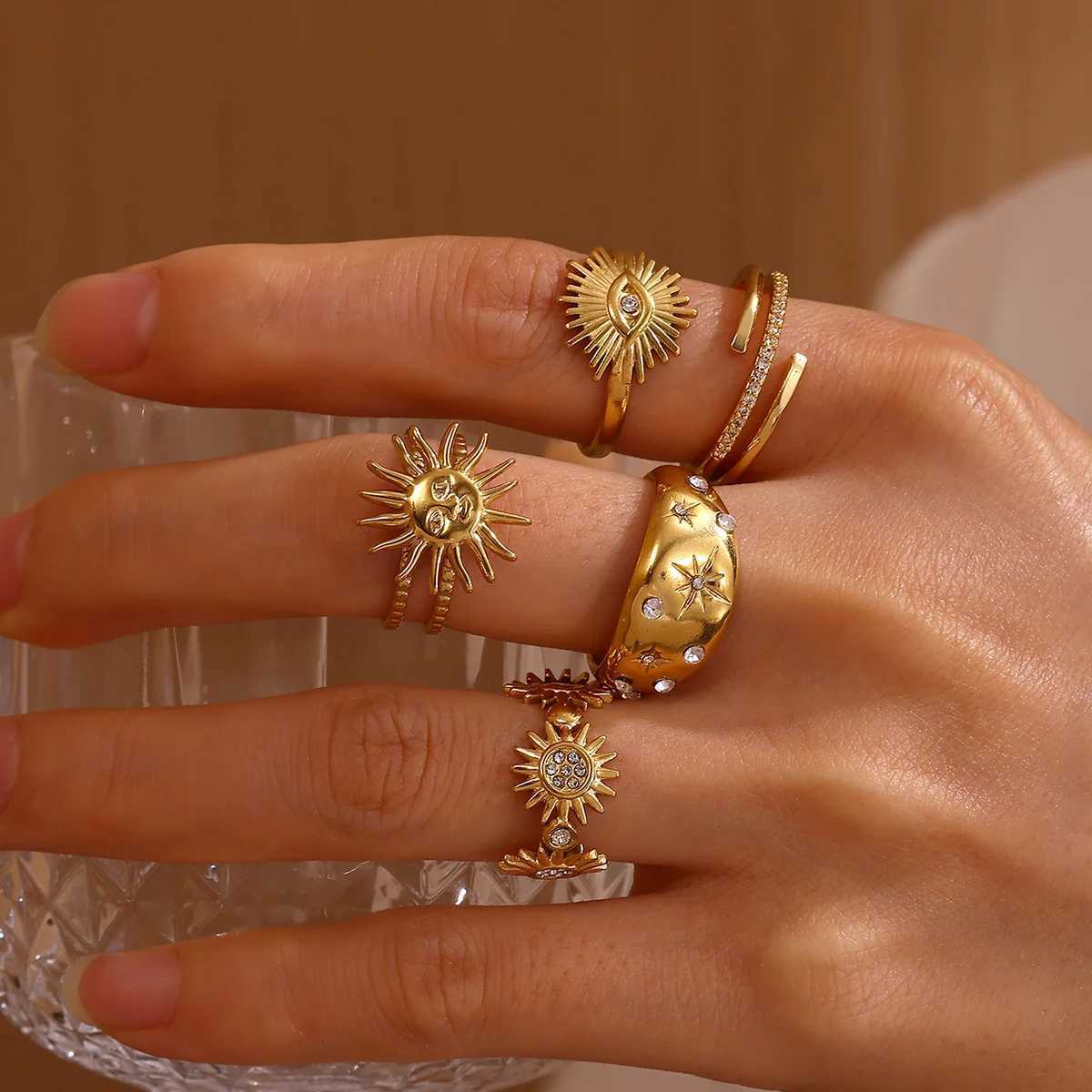 Stainless Steel Tiny Zircon Rings For Women Exquisite Gold Color Sun Double-Layer Ring Punk Hip-Hop Accessory Bague Jewelry Gift H260327