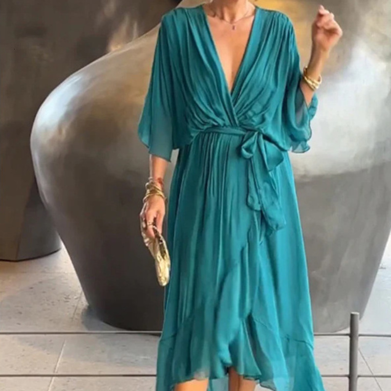 Womens Casual Dresses for women Designer Woman Clothing Casual Dresses Batwing Sleeve European American Solid Color Tie Waist Irregular Midi Dress Lad