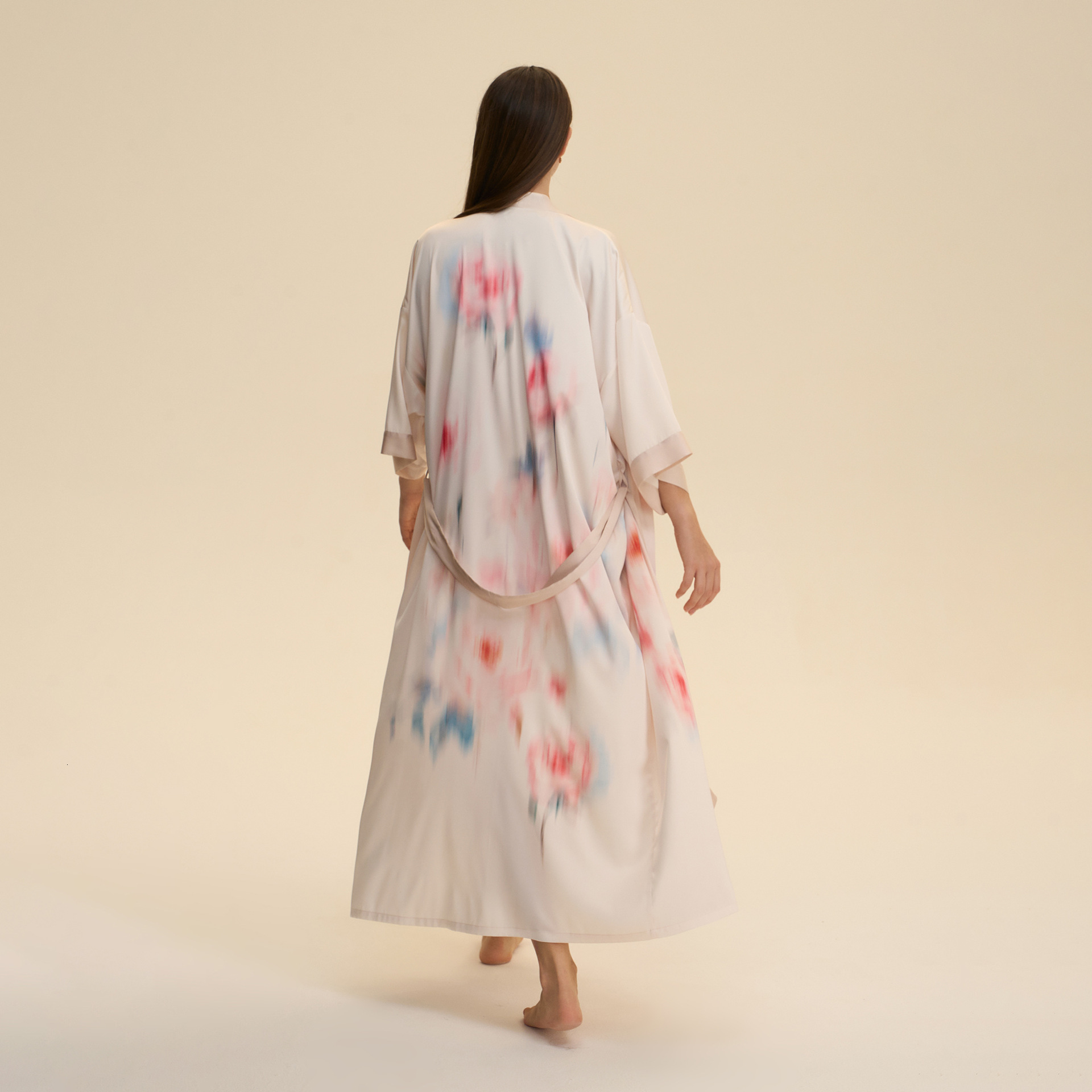 Bathrobe Women Various Floral Print Satin Chiffon Kimono Collar Elegant Long Robe