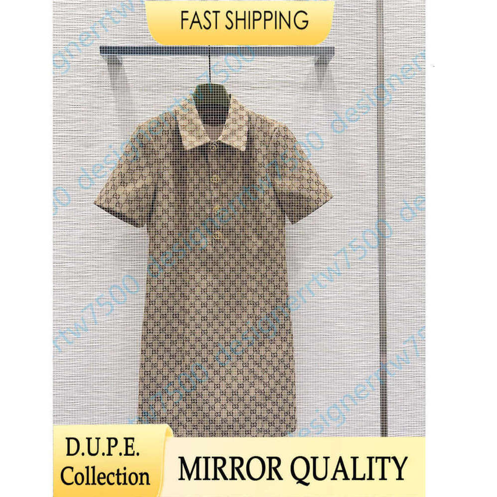 Women Designer GG Dress Vintage Brown Summer New Luxury Short Sleeve Polo Collar High Quality Jacquard Fabric Elegant Temperament Outfit