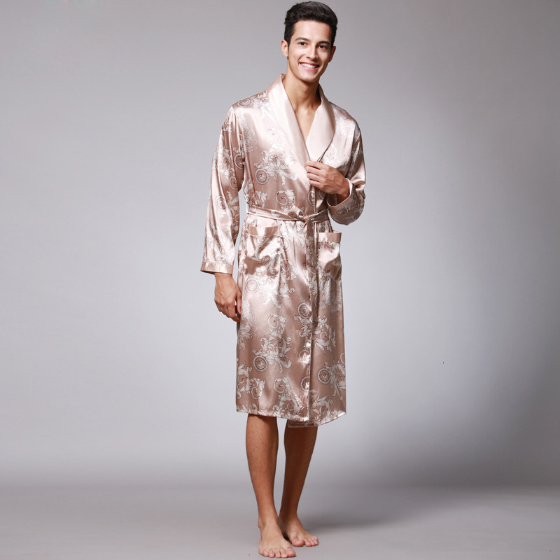 Bathrobe Men Designer Ice Silk Long Sleeve V Neck Dragon Pattern Wearable Nightgown Home Wear