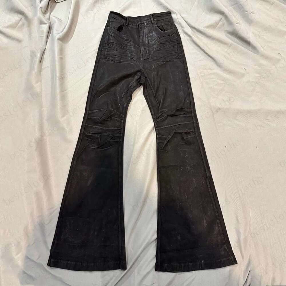 Dark Niche Handmade Wax Coated Washed Flared Jeans with FloorLength Feel Double Knee Pleats and Distressed Finish