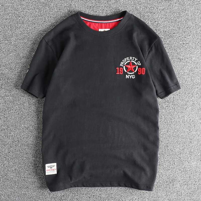 Embroidery five-pointed star pattern short-sleeved T-shirt men washed wool cotton comfortable round neck blouse C260326