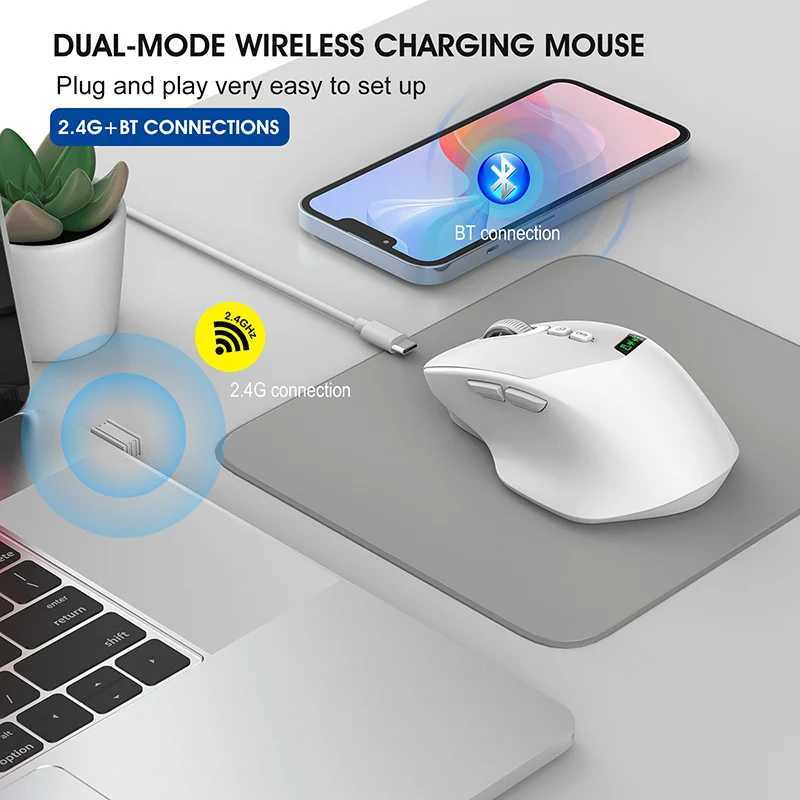 Noiseless T02 Dual Mode Wireless Mouse Bluetooth 50 24G Silent Click Large Battery Rechargeable Battery Display D260327