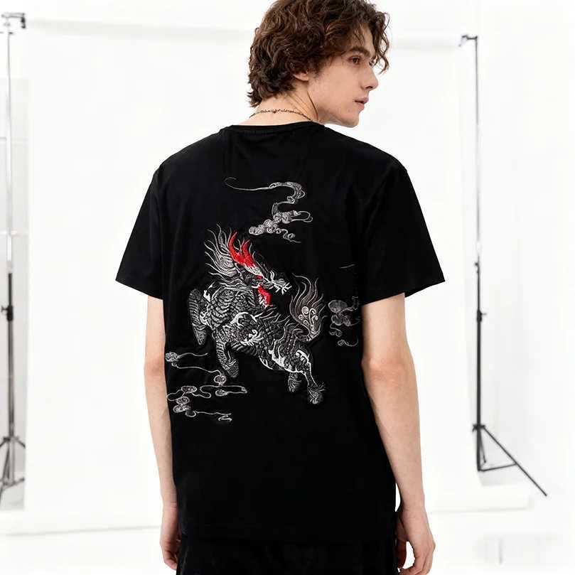 Cartoon Embroidery Tshirt Men Sukajan Summer Luxury Qilin Hip Hop Knit Oversize Short Sleeve T Shirt Kylin Cotton Man Clothing C260326