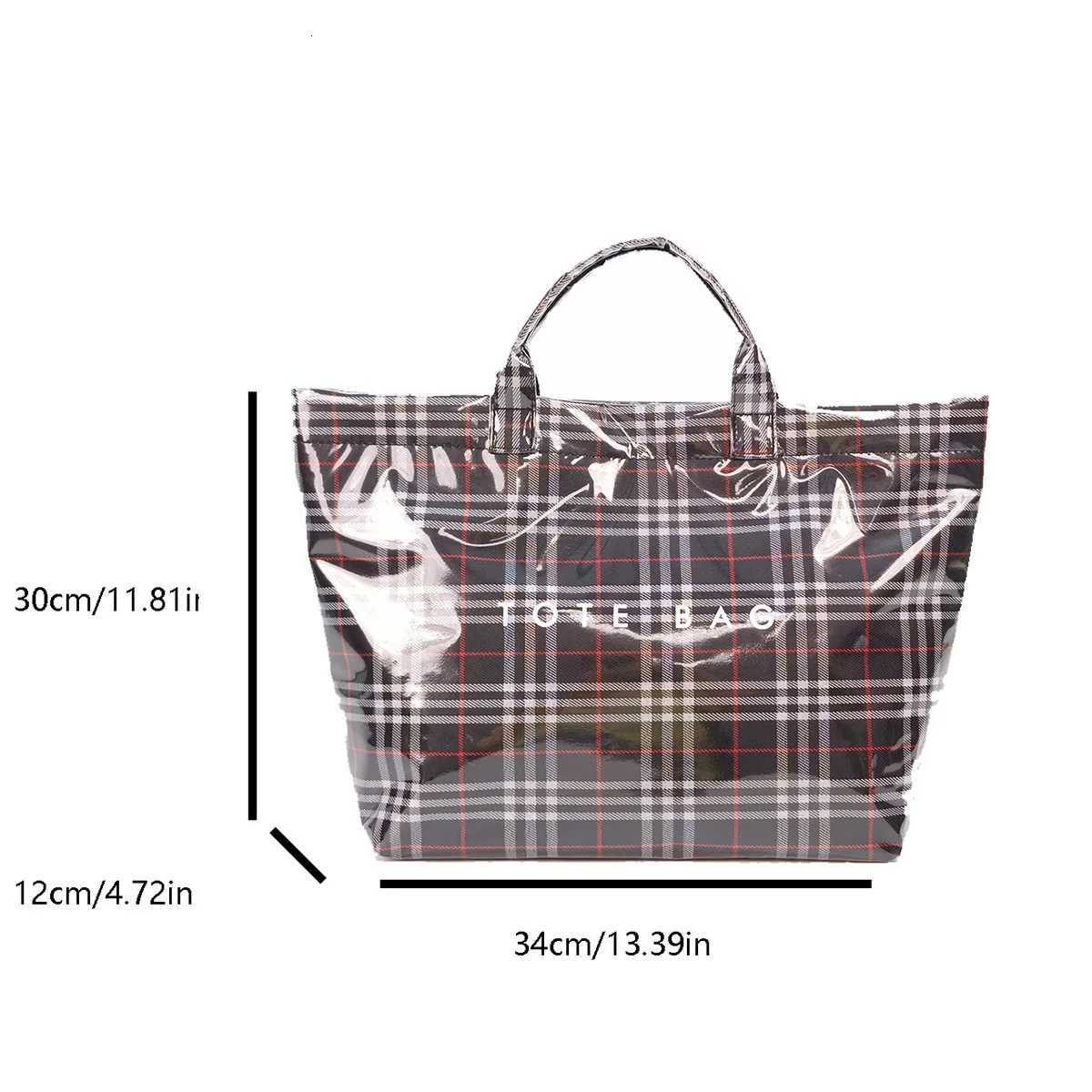 Multifunction Fashion Shoulder Bag Transparent PVC Vintage Check Pattern Letter Print Large Capacity Velcro Tote Daily Use C260327