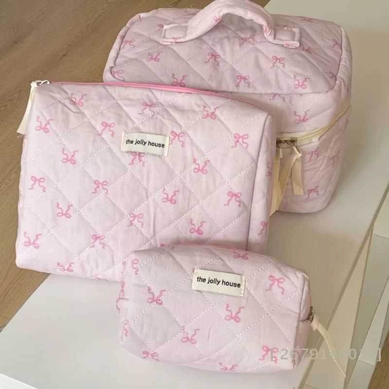 YY26 Pink Bowknot Quilting Cosmetic Bag Women Portable Zipper Makeup Organizer Female Handbag Toiletry Pouch For GirlsYY26 D260328