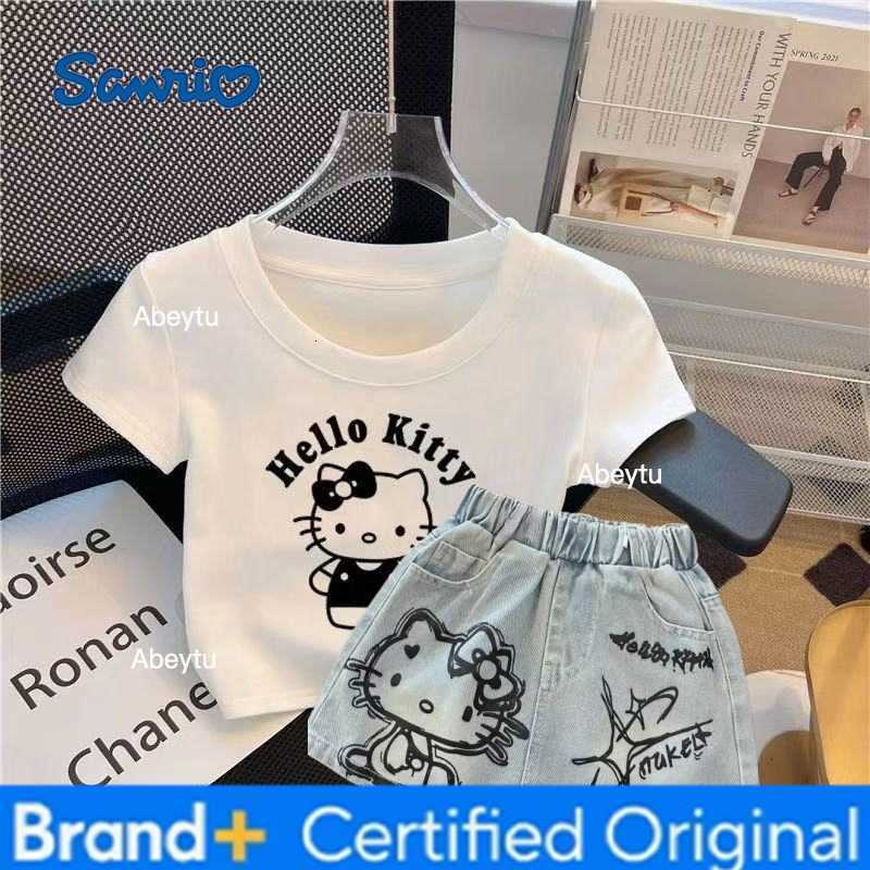 Sanrio Summer Baby Girls Clothes Set Toddler Kid Hello Kitty T-shirt Jeans Skirt 2pcs Suit Children Short Sleeve Top Bottom Tracksuit H2603281