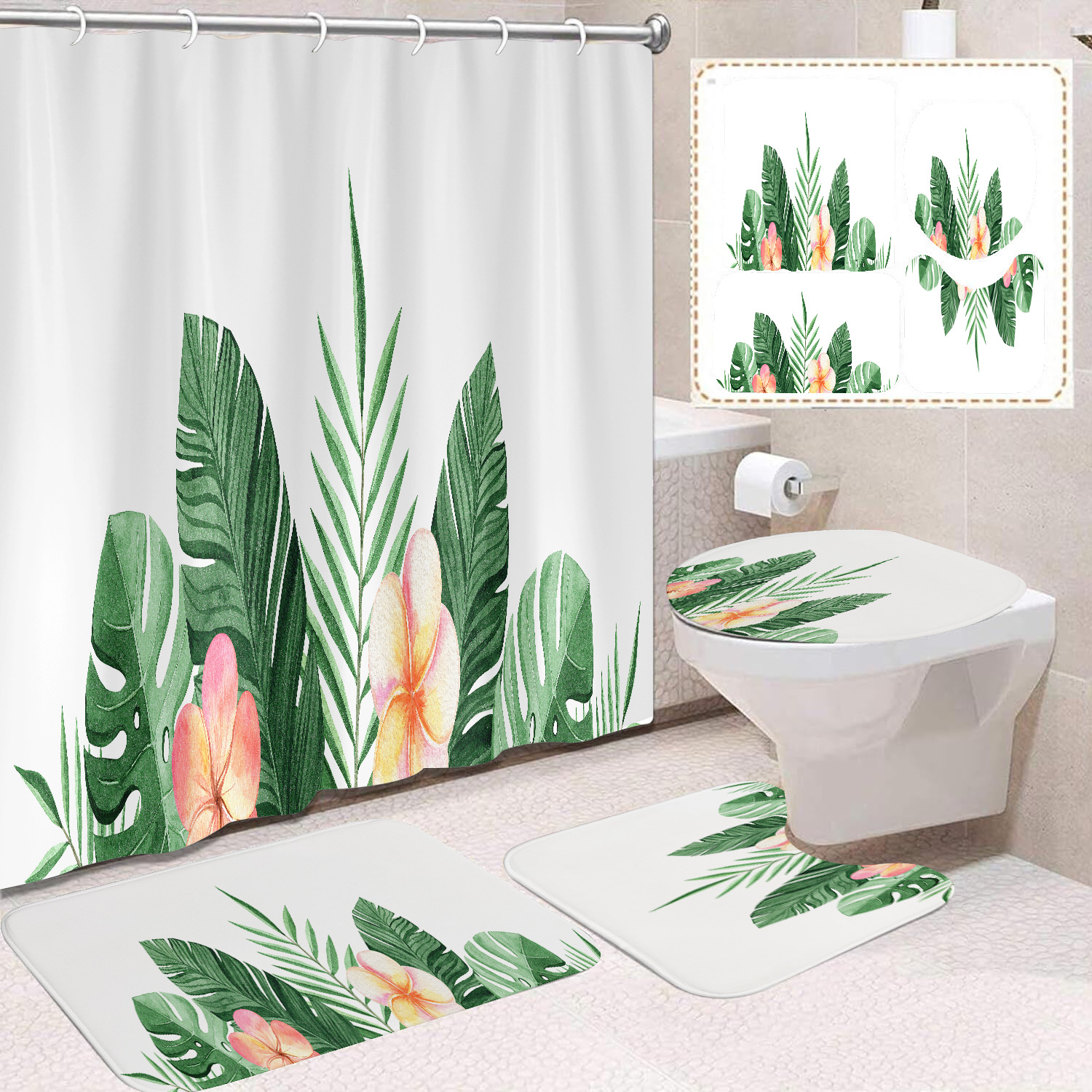 YL-38405 Floral Shower Curtain and Mat Set (4 Pieces) - Bathroom Dry and Wet Separation, Toilet Isolation Curtain, Modern Minimalist Style