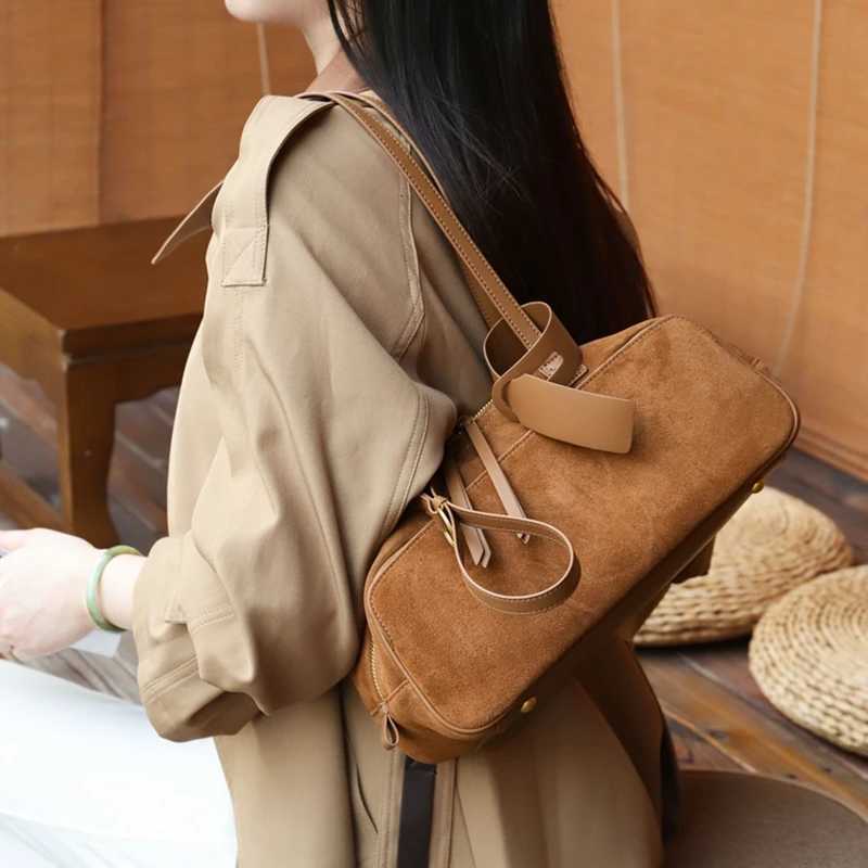 Burminsa Cowhide Suede Genuine Leather Underarm Shoulder Bags For Women 2026 Luxury Designer Bowling Totes Work Ladies Handbags C260327