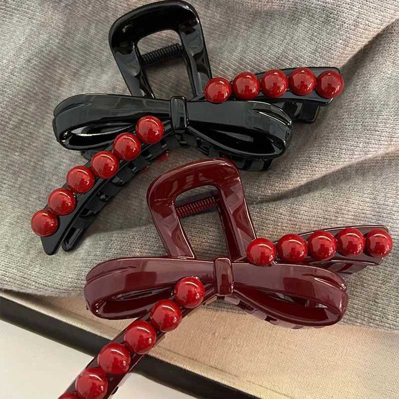 Korean Acrylic Black Bow Hair Claw for Women Fashion Red Beads Large Shark Clamp Hair Clip Headdress Hair Accessories 2024 New H260328
