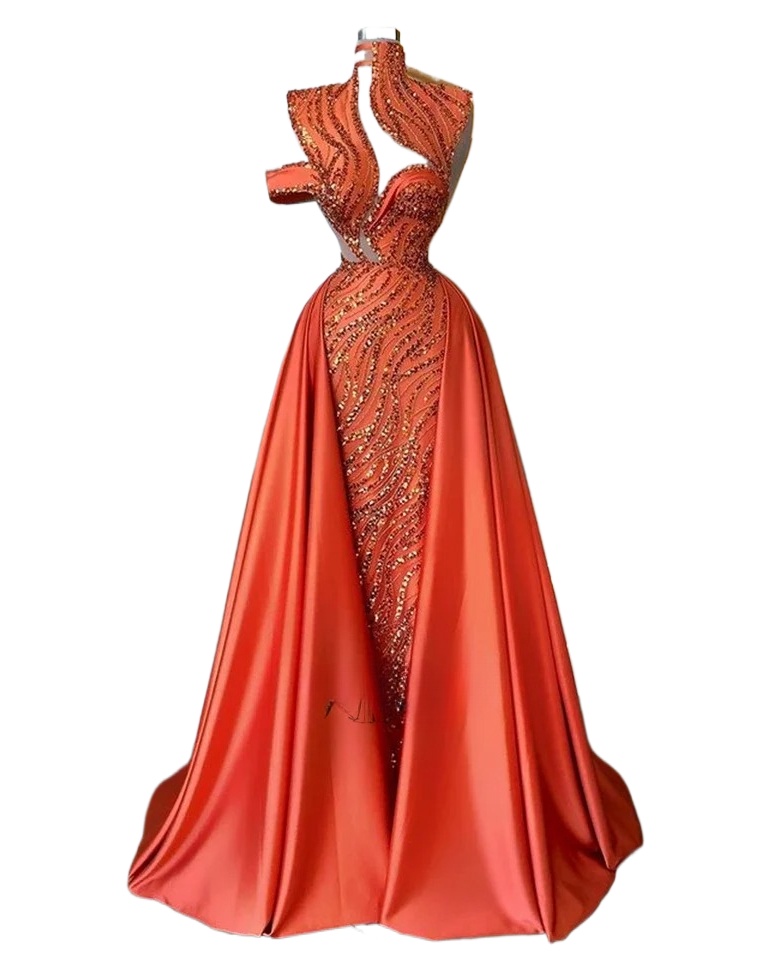 Luxury Sequined Beads Dubai Arabic Mermaid Evening Dresses Couture Orange Long Overskirt Party Prom Gowns Formal Special robe de soiree M27