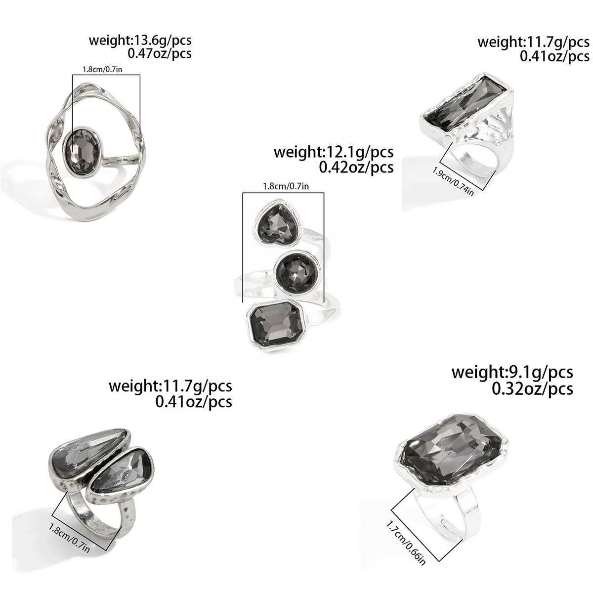 Jardme Goth Geometric Open Ring for Women Minimalist Acrylic Rhinestone Silver Color Rings Adjustable Party Jewelry Gift H260328