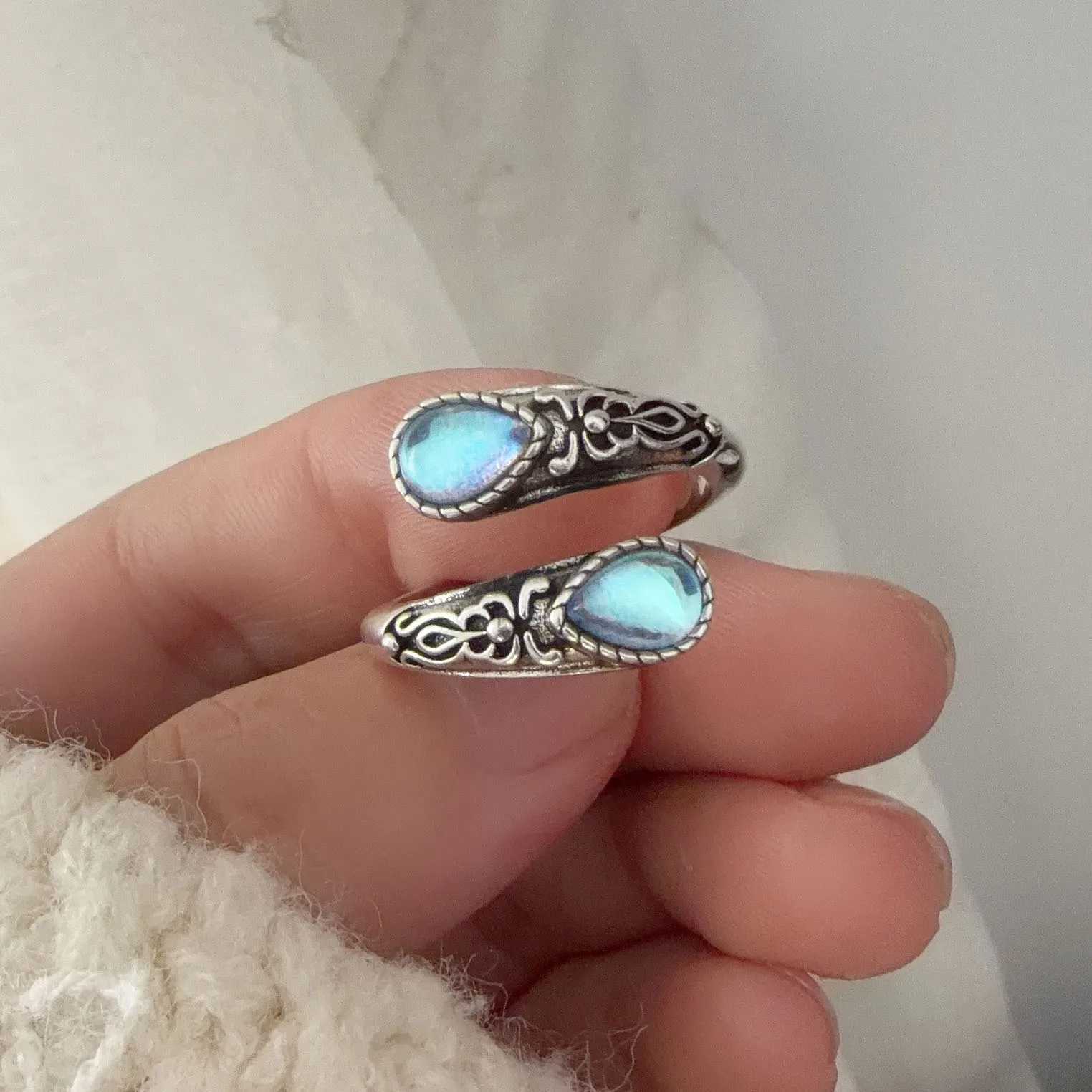 925 Sterling Silver Rings For Women Geometric Fine Jewelry Finger Adjustable Vintage BLue Stone Ring For Party Birthday Gift H260328