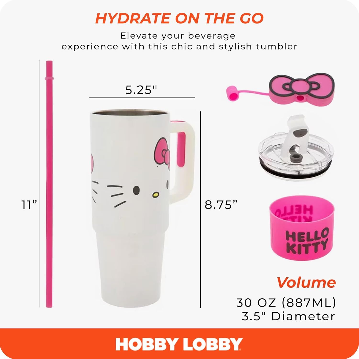 Hobby Lobby Hello Kitty Stainless Steel Tumbler with Straw Grip Base 30 Oz White Pink Gray Yellow