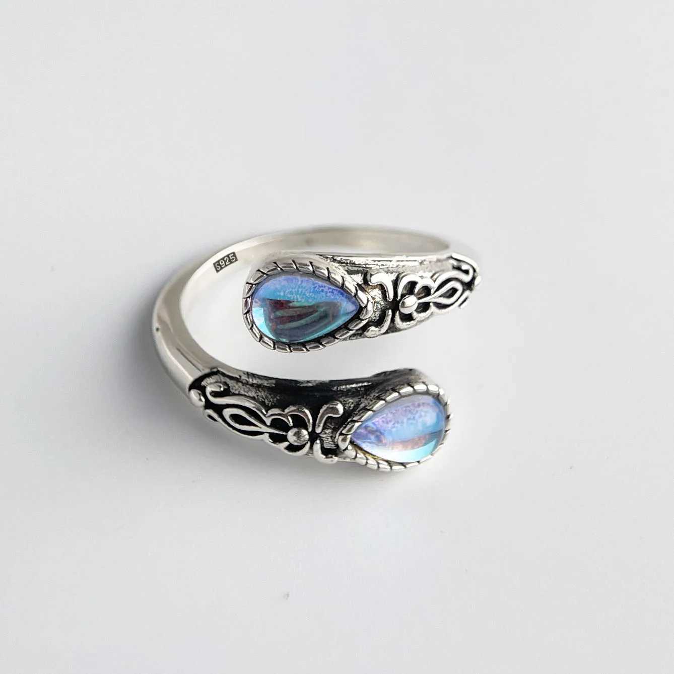 925 Sterling Silver Rings For Women Geometric Fine Jewelry Finger Adjustable Vintage BLue Stone Ring For Party Birthday Gift H260328