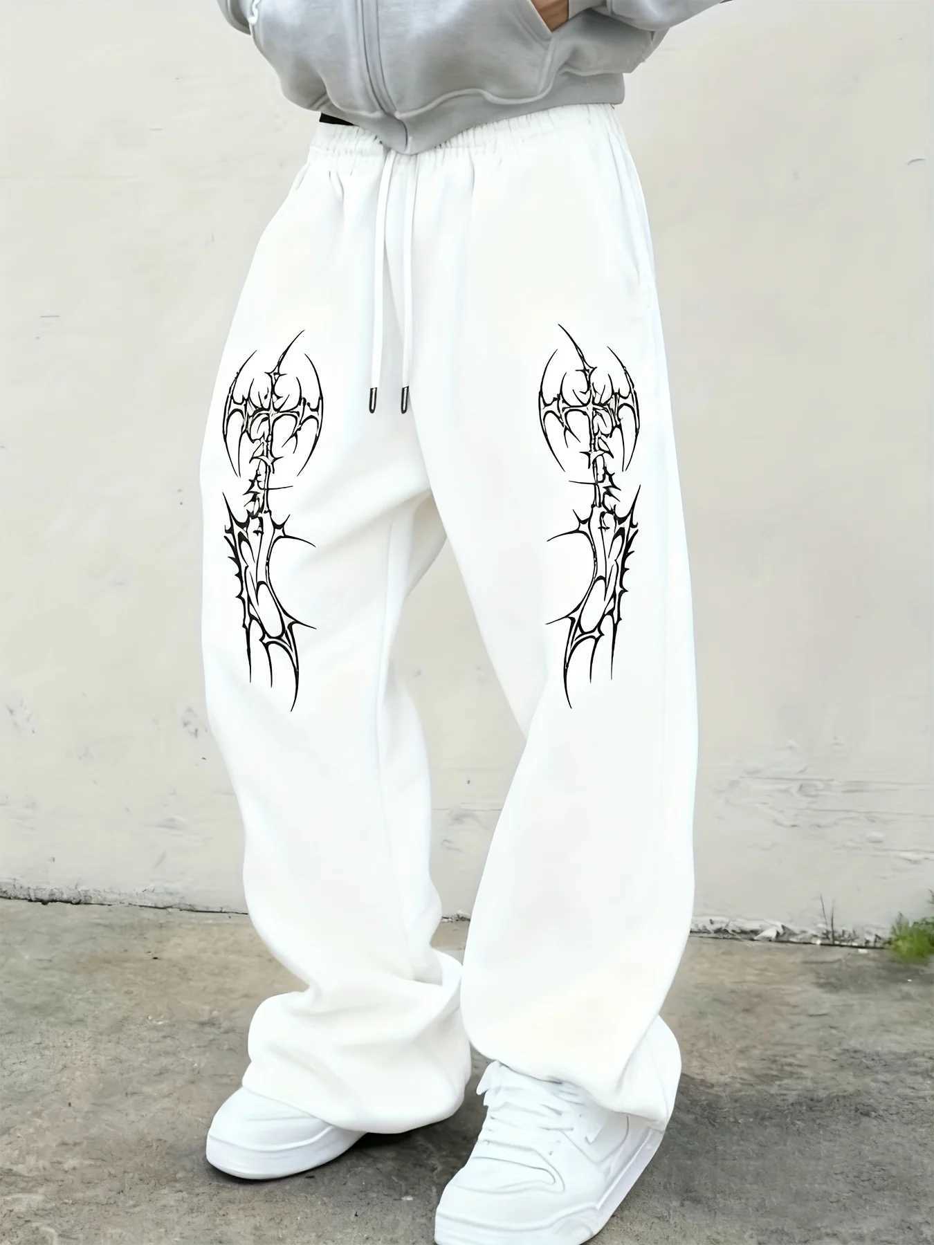 Mens Black Goth Ax/Cross White Print Wide Leg Joggers Hip Hop Fashion Street Pants Oversized Casual Pants Fashion Trends 2025 M260328