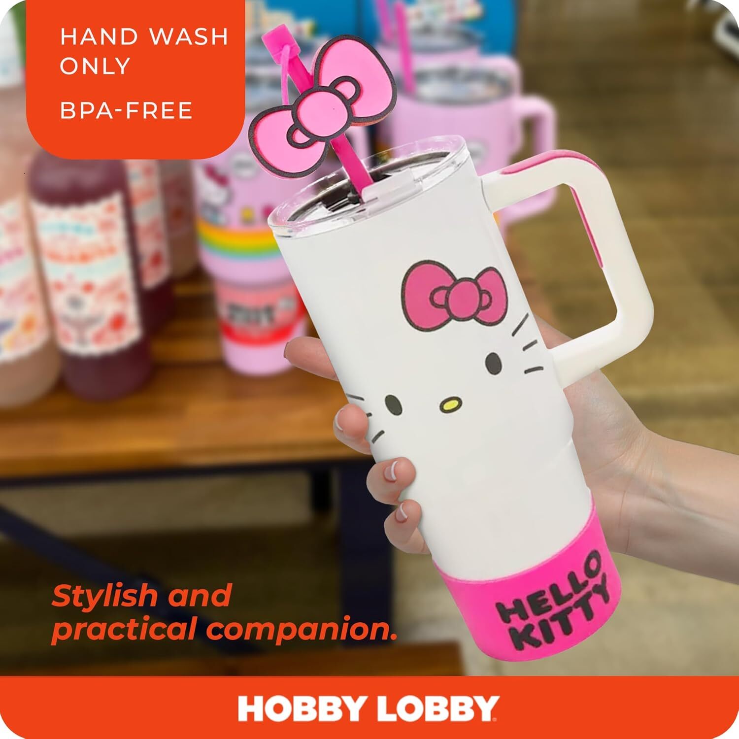 Hobby Lobby Hello Kitty Stainless Steel Tumbler with Straw Grip Base 30 Oz White Pink Gray Yellow